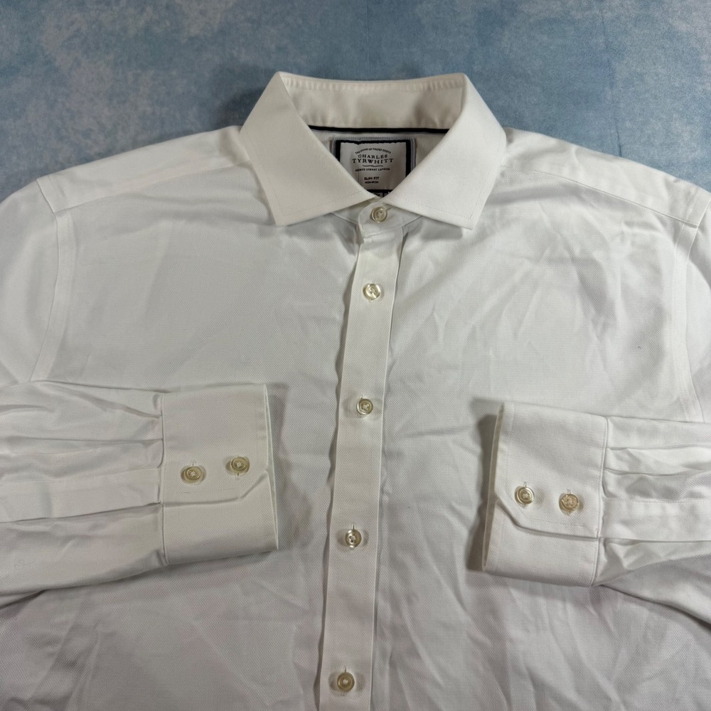 Charles Tyrwhitt Dress Shirt Mens 17.5/35 White Excellent Slim Fit Non-Iron